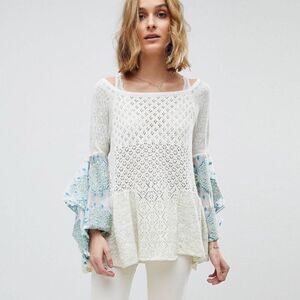 Free People Pointelle Breeze Knit Top in Ivory Combo L